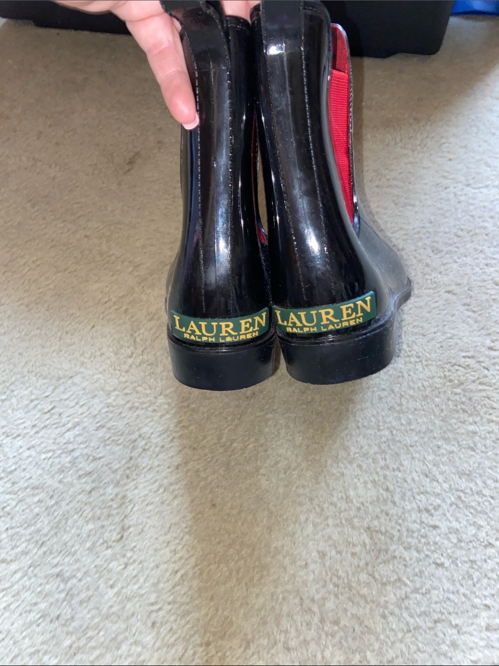 Lauren Ralph Lauren Black Patent Chelsea Rain Booties with Red Panels